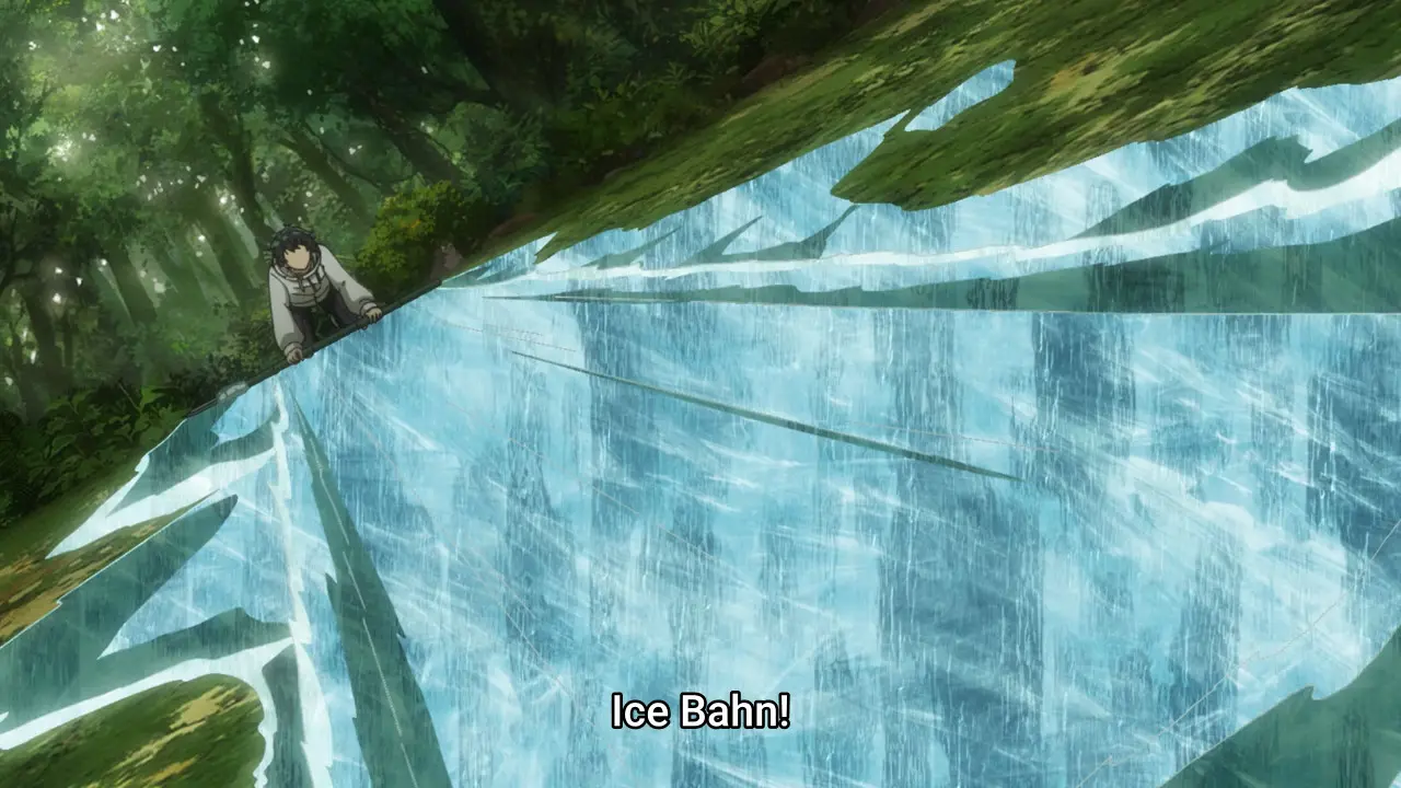 Screenshot from the anime "Mizuzokusei no Mahoutsukai" showing someone casting a spell to cover the ground with a layer of ice. He shouts "Ice Bahn!"