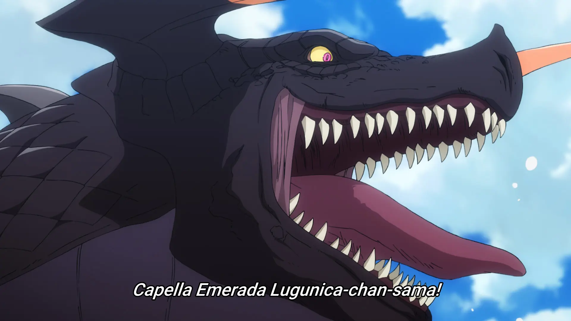 Screenshot from the anime Re:Zero showing a black dragon making a weirdly expressive face. The subtitle says "Capella Emerada Lugunica-chan-sama!"