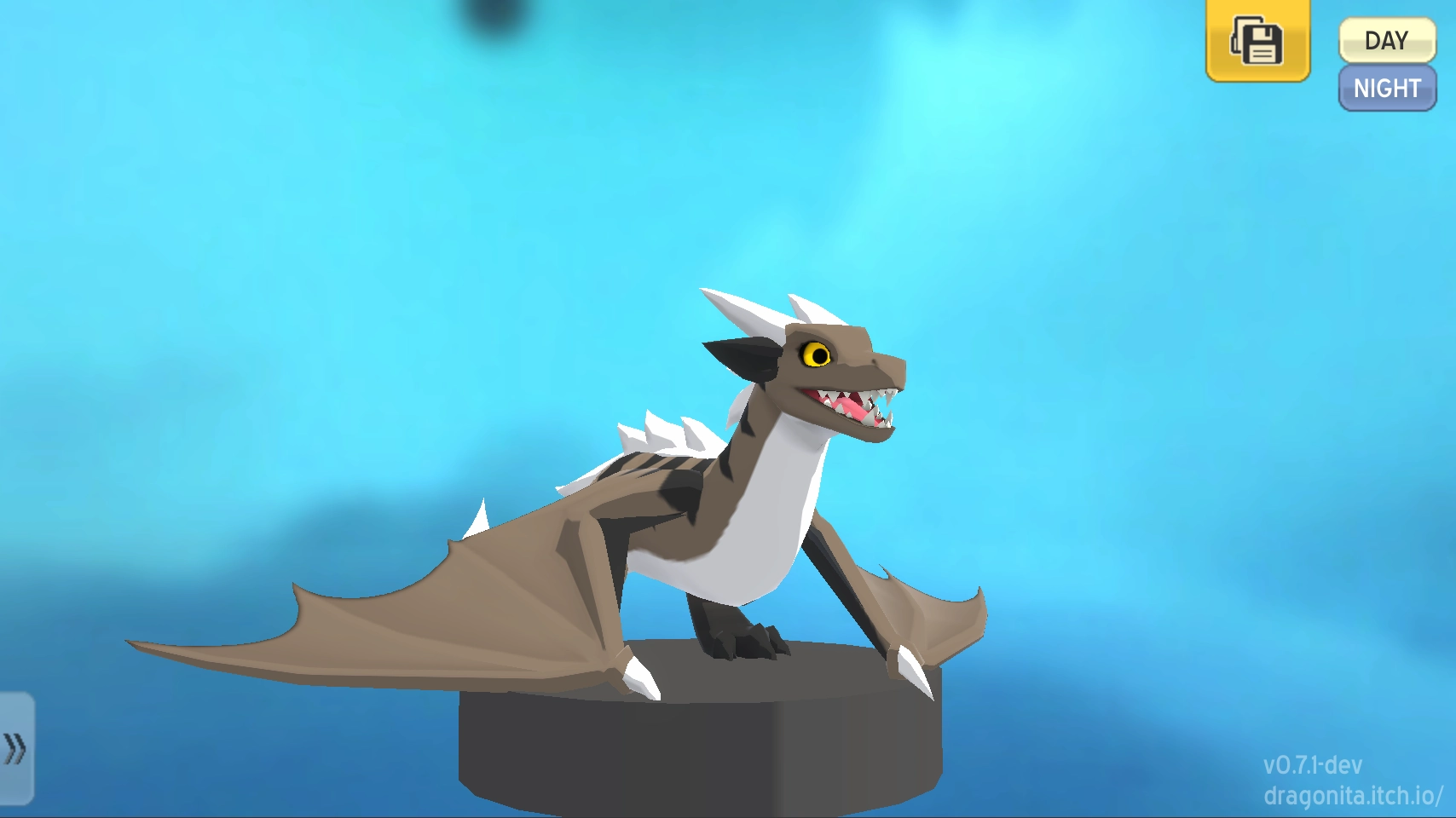 A 3D model of my wyvern character. He has generally brown fur, with a white underside and a dark pattern along the back. 