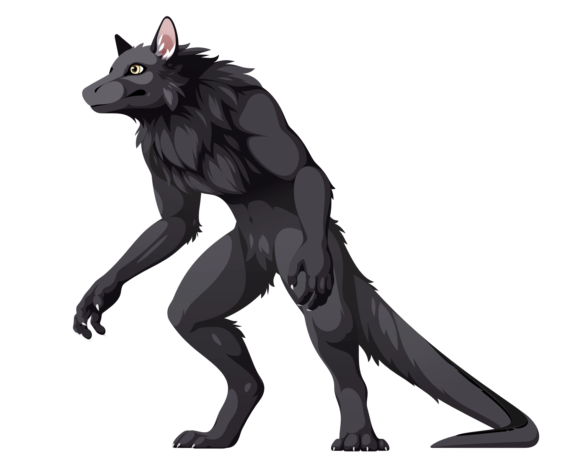 Vector art of a black werewolf-like creature. What makes him different from a werewolf is the solid tail and the nose which only consists of the nostrils.