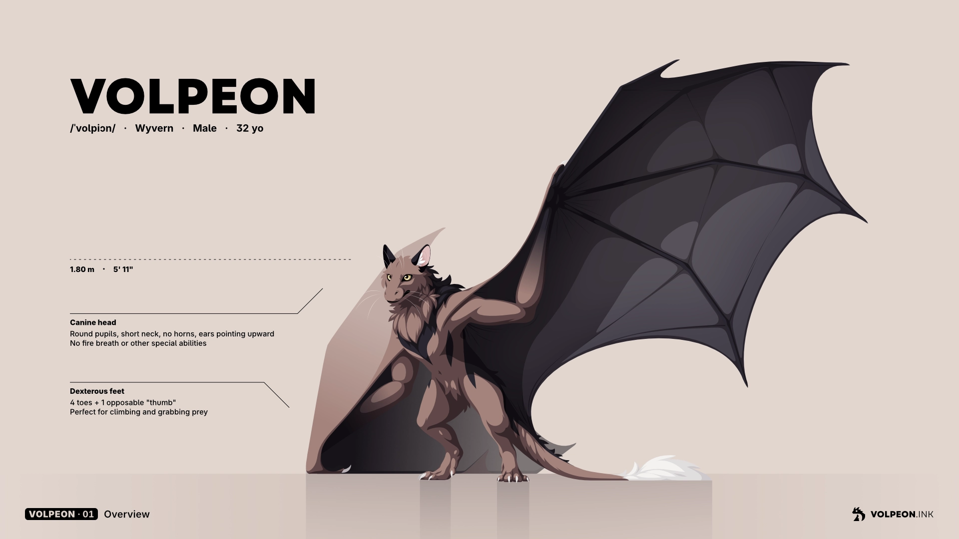 First page of a character reference showing an overview of Volpeon, my wyvern character. He has brown fur, dark gray wings and black floofy fur along the back. He generally looks more like a large bat than a wyvern with the lack of horns and short neck.