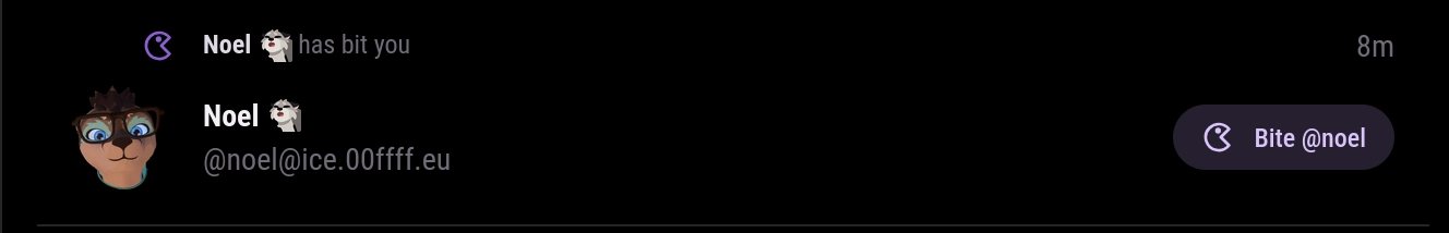 A notification saying that @noel@ice.00ffff.eu bit me, with a button allowing me to bite back.