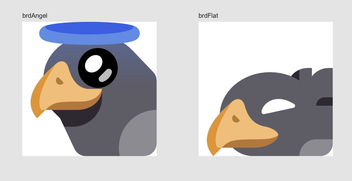 Two emojis of a gray bird with a yellow beak. One is showing it with a halo making puppy eyes. The other shows it lying flat on the ground, like when sunbathing.