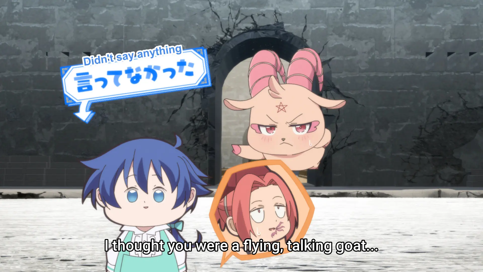 Screenshot from the anime "Dainanaoji" showing a blue-haired boy and a small goat-like demon floating in the air next to him. Someone off-screen says to the demon "I thought you were a flying, talking goat..."