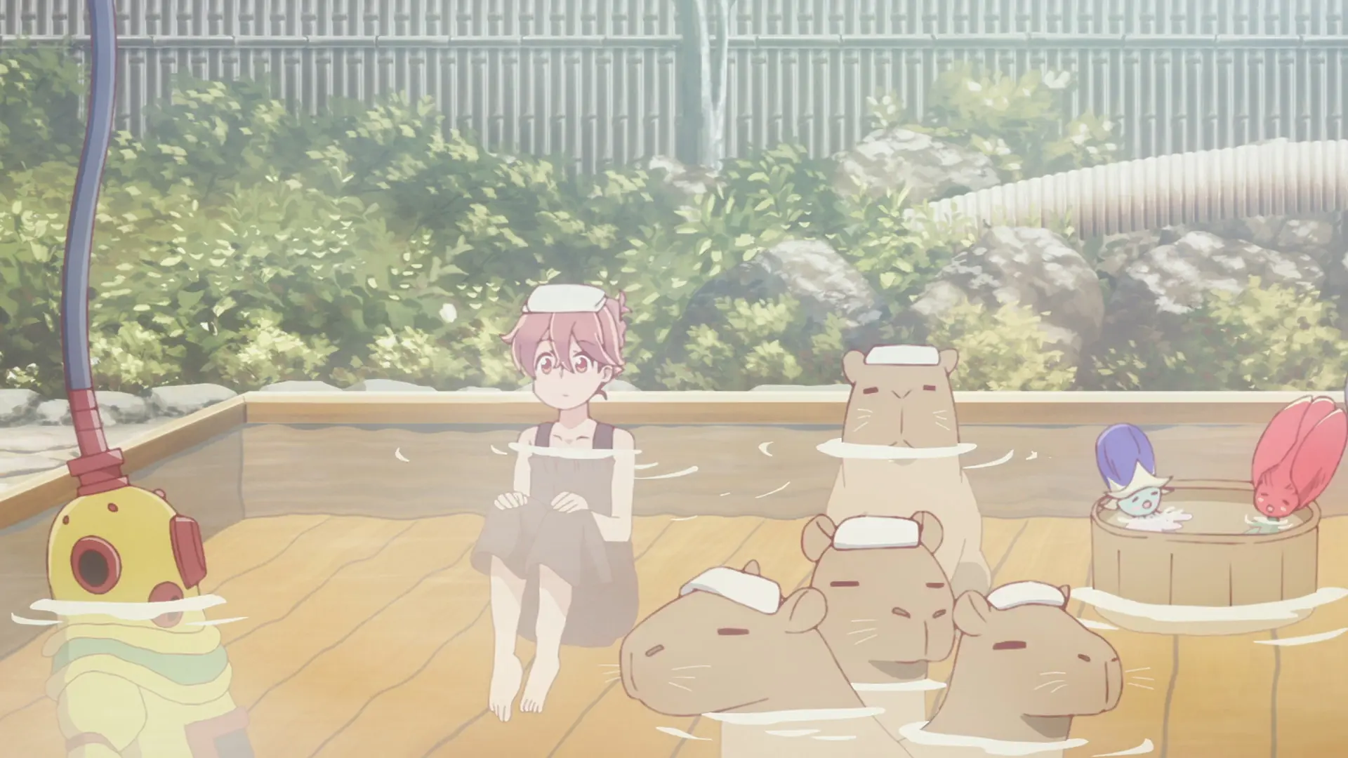 Screenshot from the anime "Apocalypse Hotel" showing someone in a deep diving suite, a woman, 4 capybaras and 2 other alien creatures relaxing in a hot bath outside.