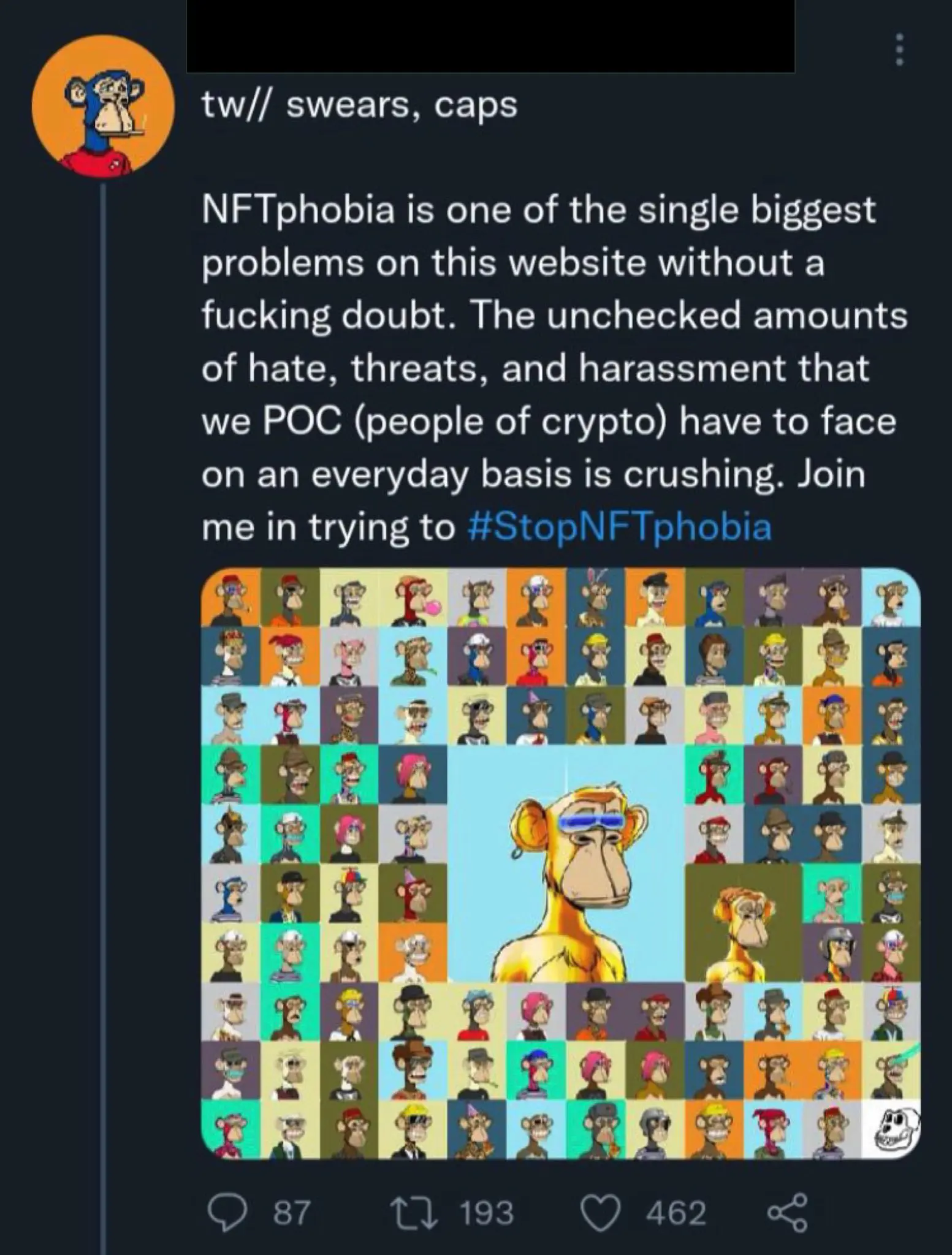 A tweet with the following text:
NFTphobia is one of the single biggest problems on this website aithout a fucking doubt. The unchecked amounts of hate, threats and harassment that we POC (people of crypto) have to face on an everyday basis is crushing. Join me in trying to #StopNFTphobia