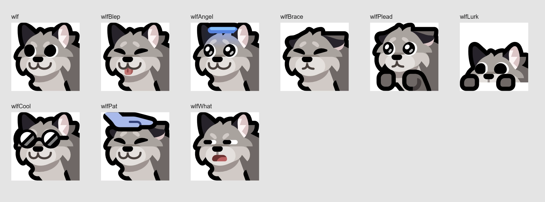 A bunch of emojis laid out in a grid. They show a gray wolf with various expressions, such as neutral, blepping, making a cute face, etc.