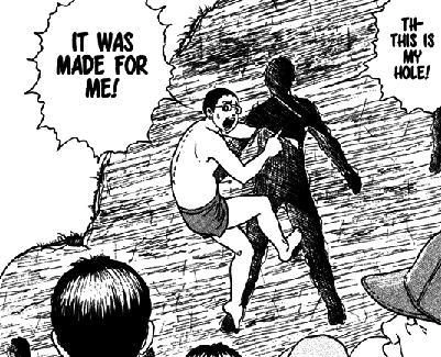 A panel from Junji Ito's horror manga The Enigma of Amigara Fault. The panel shows a bespectacled man clamoring into a man-shaped hole in a cliffside as he says, "This is my hole! It was made for me!