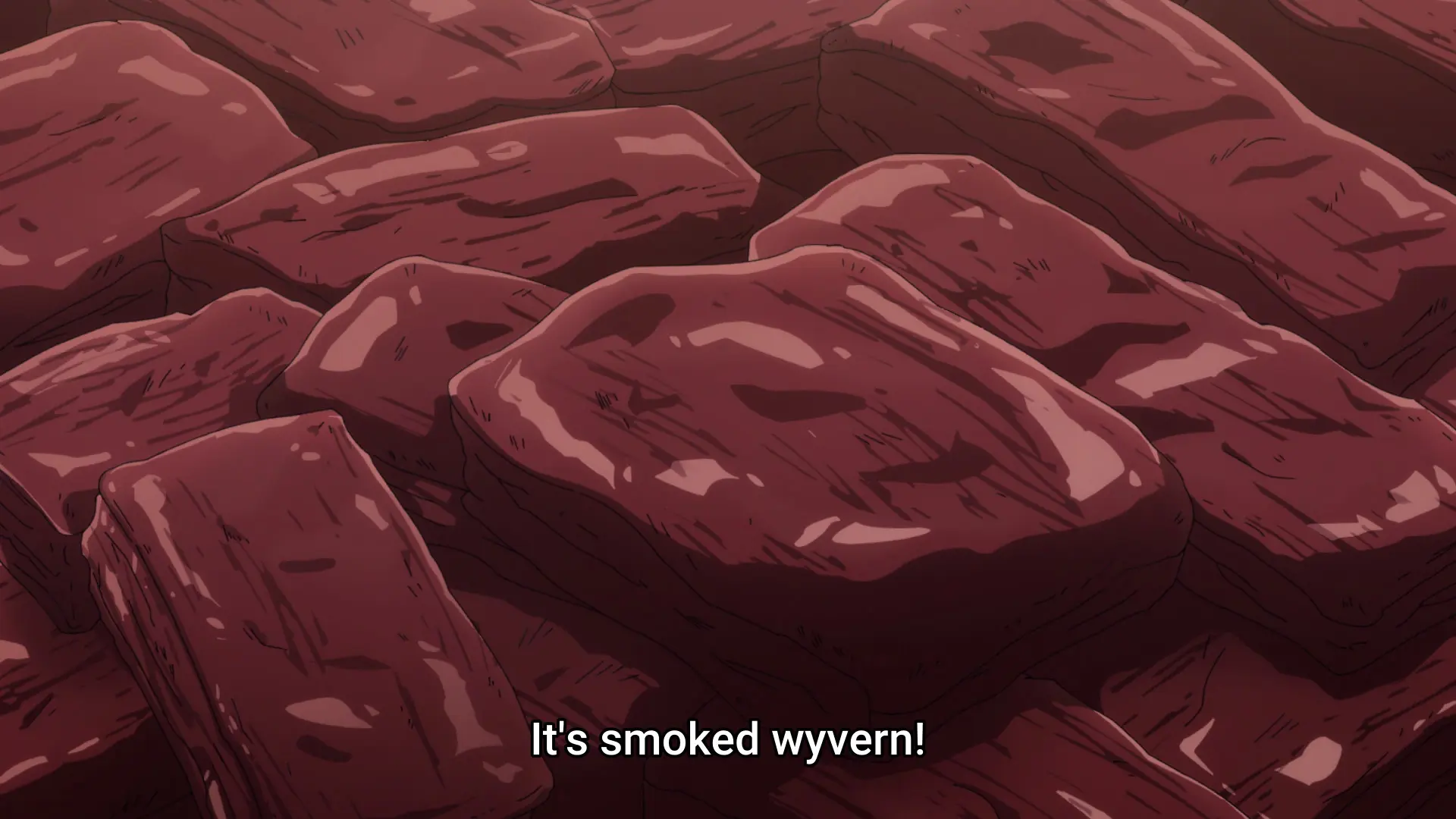 Screenshot from the anime "Salaryman ga Isekai ni Ittara Shitennou ni Natta Hanashi" showing a bunch of meat. Somebody says "It's smoked wyvern!"