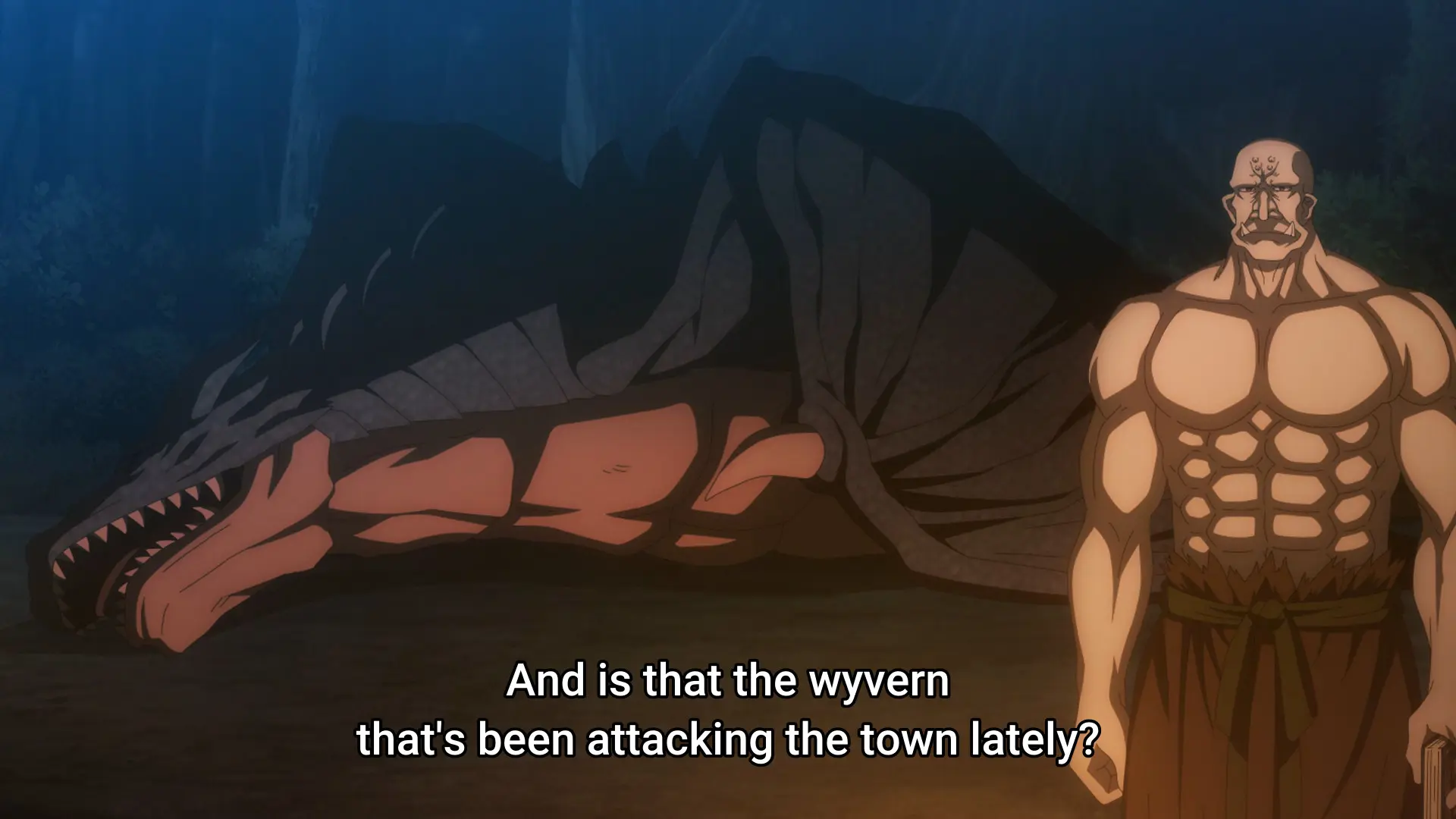 Screenshot from the anime "Shinmai Ossan Boukensha" showing an orc standing in front of a dead wyvern. He's looking at someone behind the viewer. The subtitle says "and is that the wyvern that's been attacking the town lately?"