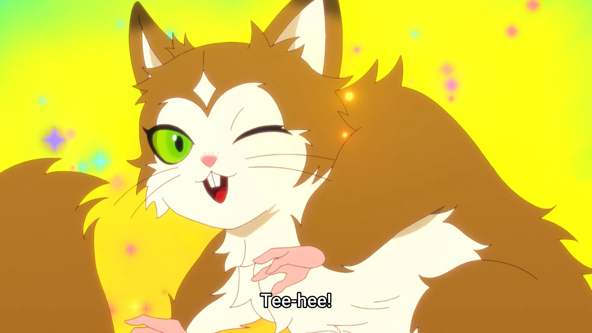 Screenshot from the anime "Hell Mode S2" showing a squirrel-like spirit winking. The subtitle says "Tee-hee!"