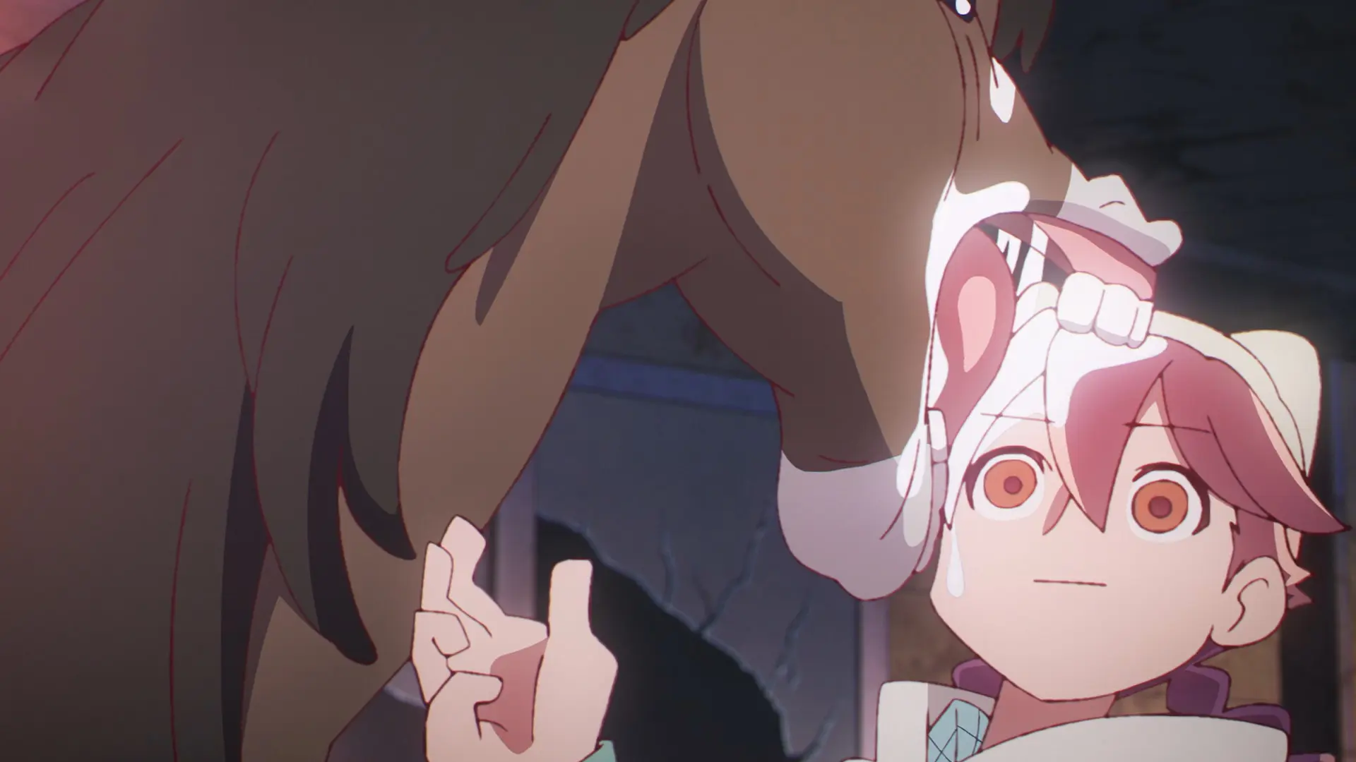 Screenshot from the anime "Apocalypse Hotel" showing a horse biting the whole head of the hotelier robot protagonist. She looks not amused.