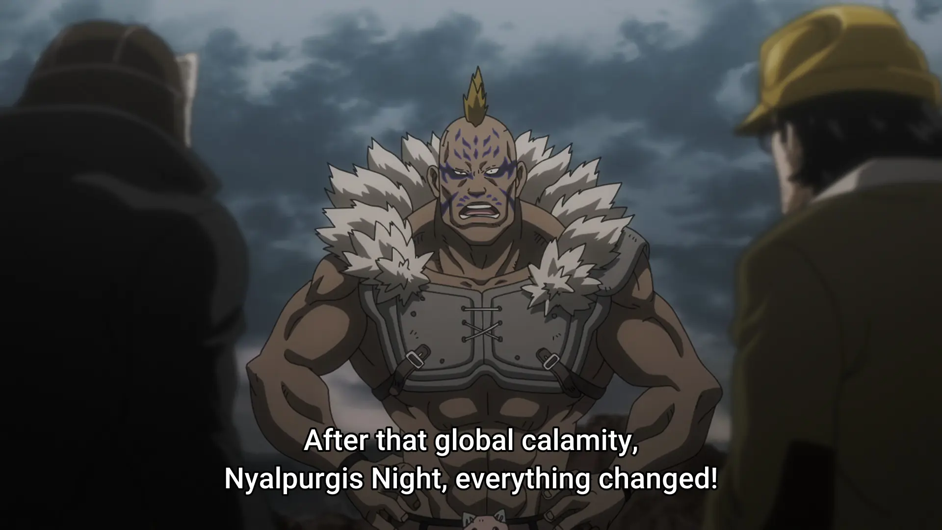 Screenshot from the anime "Nyaight of the Living Cat" featuring a muscular bandit who says "After that global calamity, Nyalpurgis Night, everything changed!"