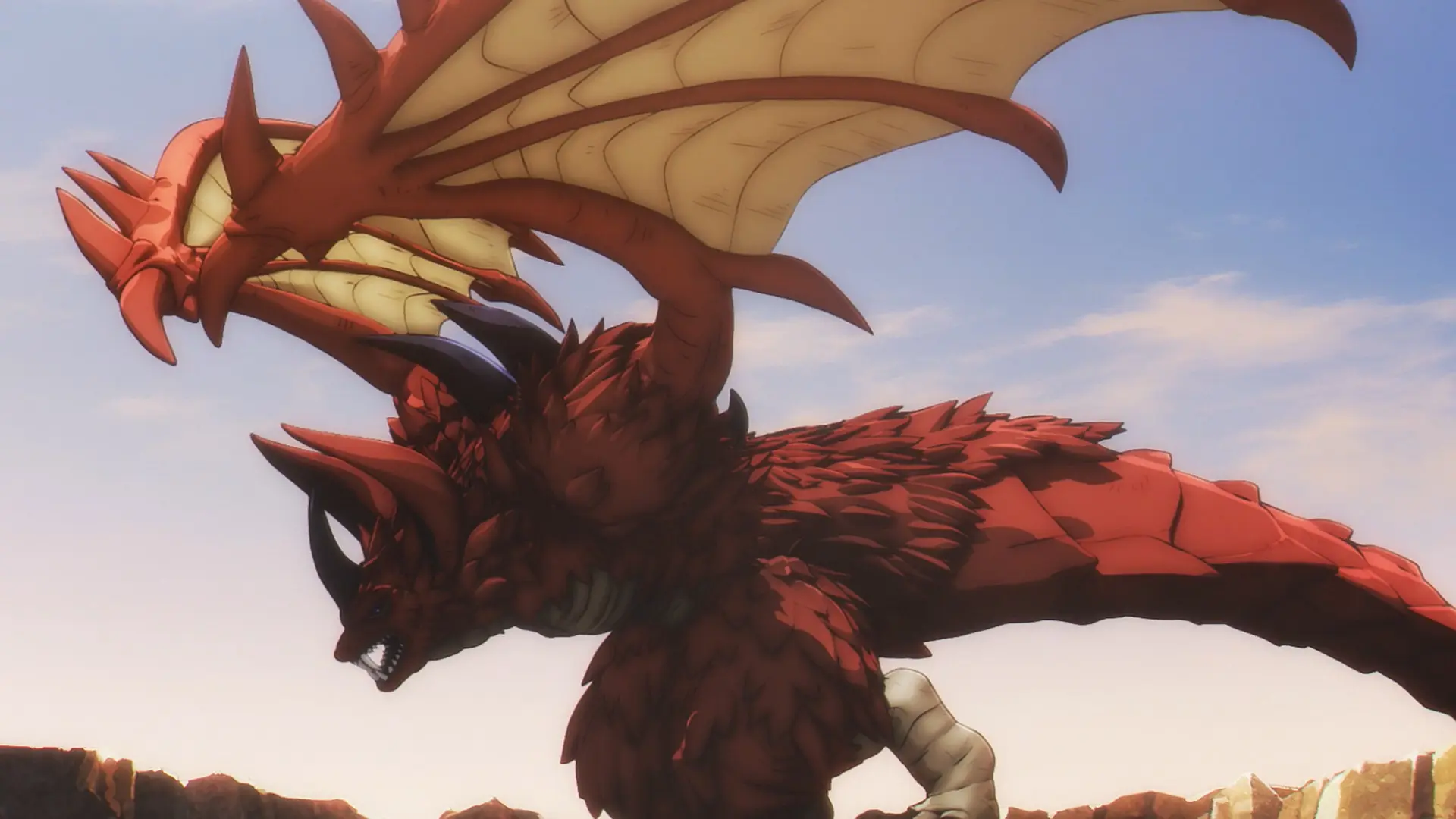 Screenshot from the anime "Otome Kaijuu Carameliser" showing a dragon-like kaiju with wings whose membrane doesn't connect with the body at all.