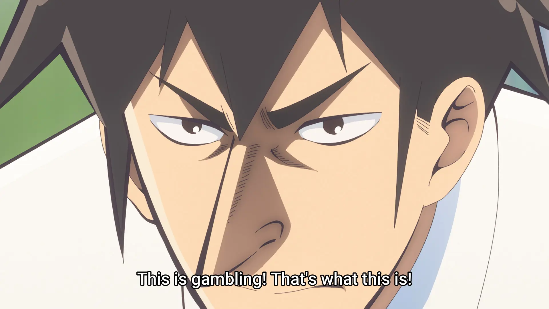 Screenshot from the anime "Aharen-san wa Hakarenai Season 2" showing the protagonist Raido drawn in the style of "Kaiji: Ultimate Survivor". Subtitle: "This is gambling! That's what this is!"