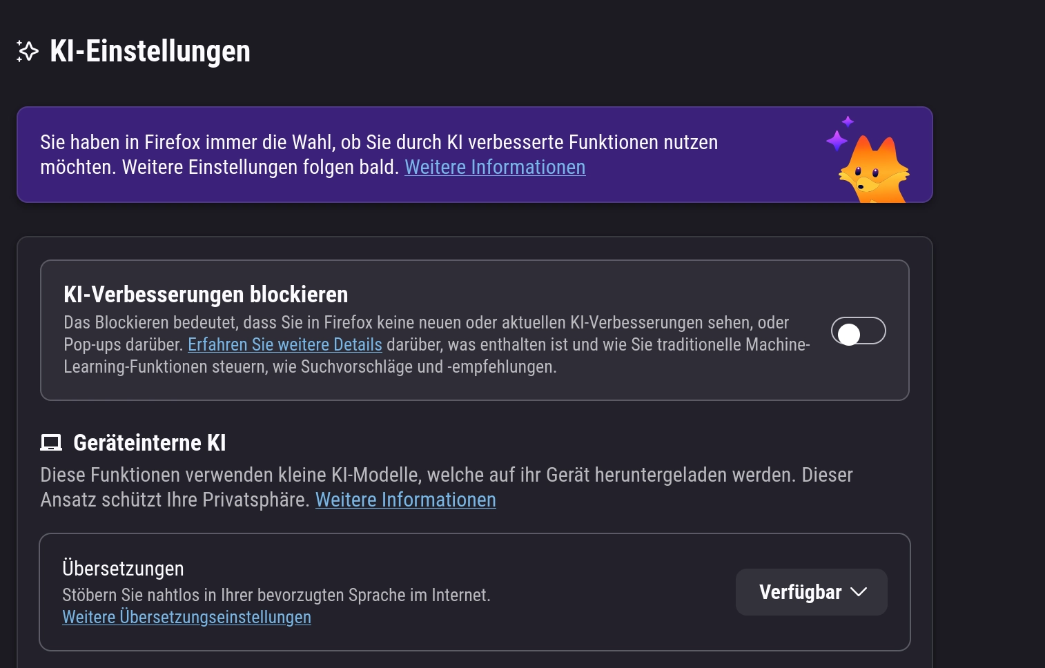 Screenshot of Firefox's new AI settings. The switch component to turn off all AI features is misaligned.