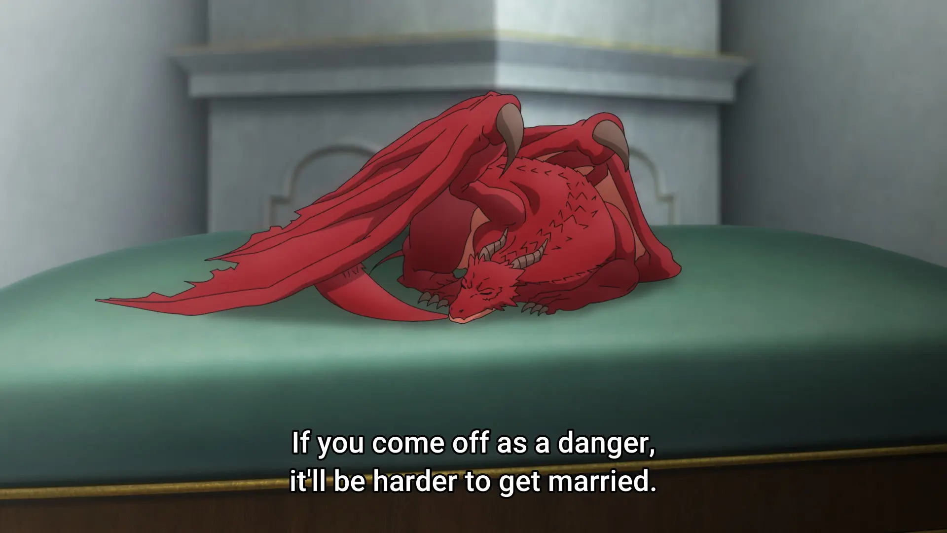 Screenshot from the anime "Unnamed Memory" showing a small red dragon sleeping on a chair.
