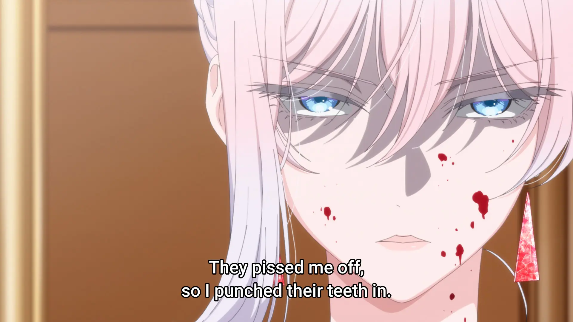 Screenshot from the anime "Saigo ni Hitotsu dake Onegai Shitemo Yoroshii Deshou ka" showing the protagonist with a cold expression. She says "They pissed me off, so I punched their teeth in."