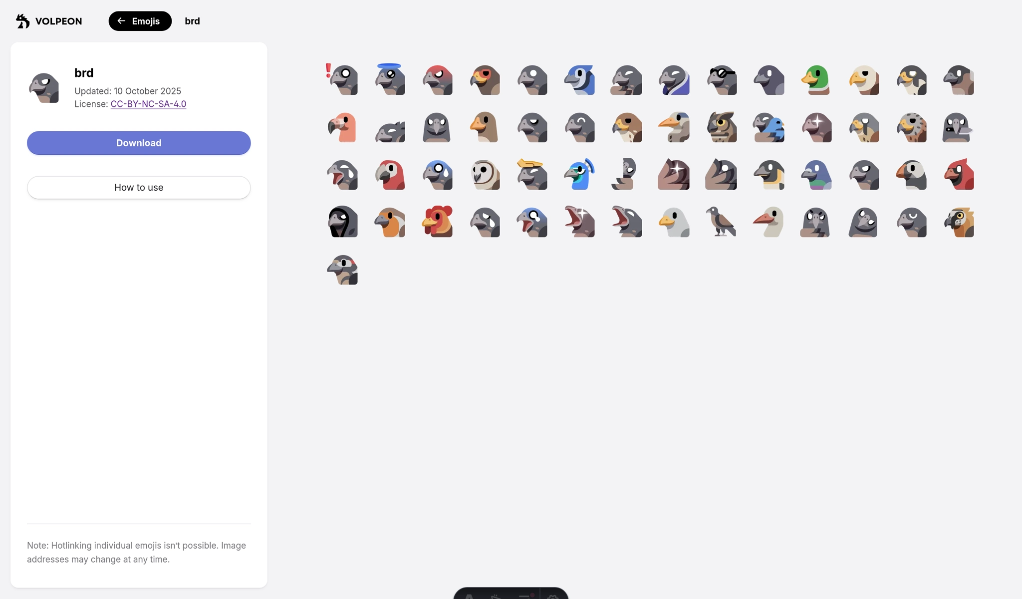 Another screenshot of my website showing an emoji pack. In addition to the header change from the previous screenshot, the sidebar containing information about the current emoji pack is a floating rounded box leaving a gap to the viewport edges.