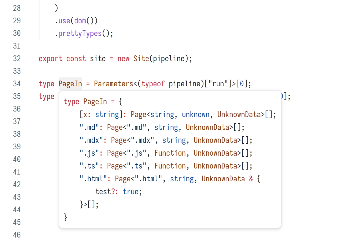 type PageIn = {
    [x: string]: Page<string, unknown, UnknownData>[];
    ".md": Page<".md", string, UnknownData>[];
    ".mdx": Page<".mdx", string, UnknownData>[];
    ".js": Page<".js", Function, UnknownData>[];
    ".ts": Page<".ts", Function, UnknownData>[];
    ".html": Page<".html", string, UnknownData & {
        test?: true;
    }>[];
}