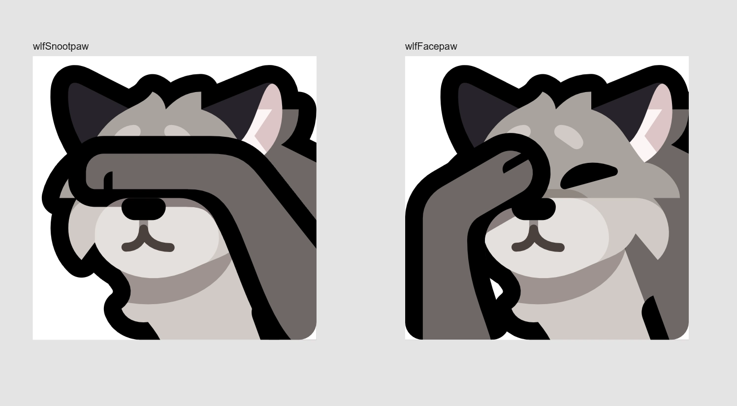 Two emojis where a gray wolf puts one of its paws on its face in different ways.