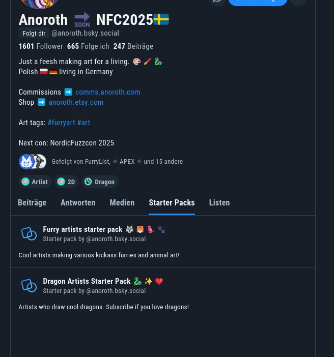 A profile with a tab for starter packs. It contains a list of starter packs the user has created.