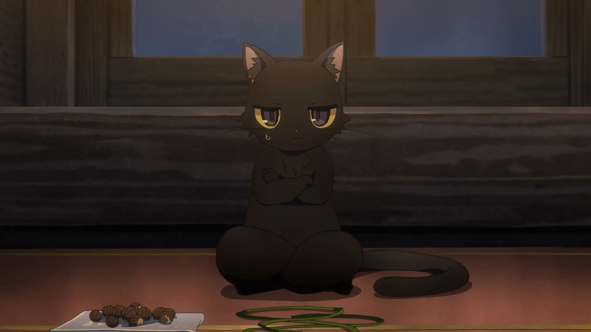 Screenshot from the anime "Silent Witch - Chinmoku no Majo no Kakushigoto" showing a black cat sitting on a table like a human with crossed arms and a stern expression.