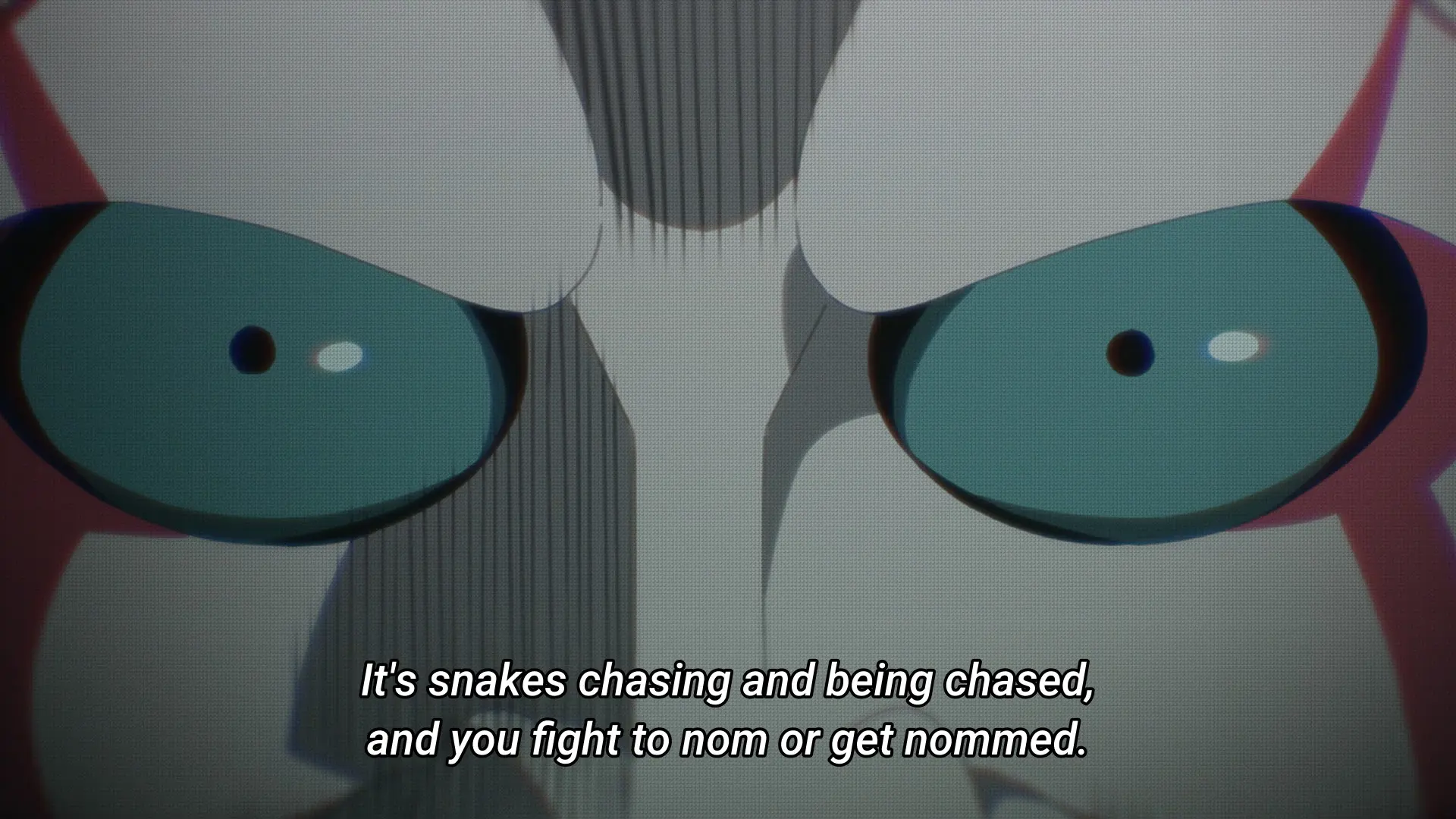 Screenshot from the anime "Witch Watch" showing a close-up of a masked person who says "It's snakes chasing and being chased, and you fight to nom or get nommed."