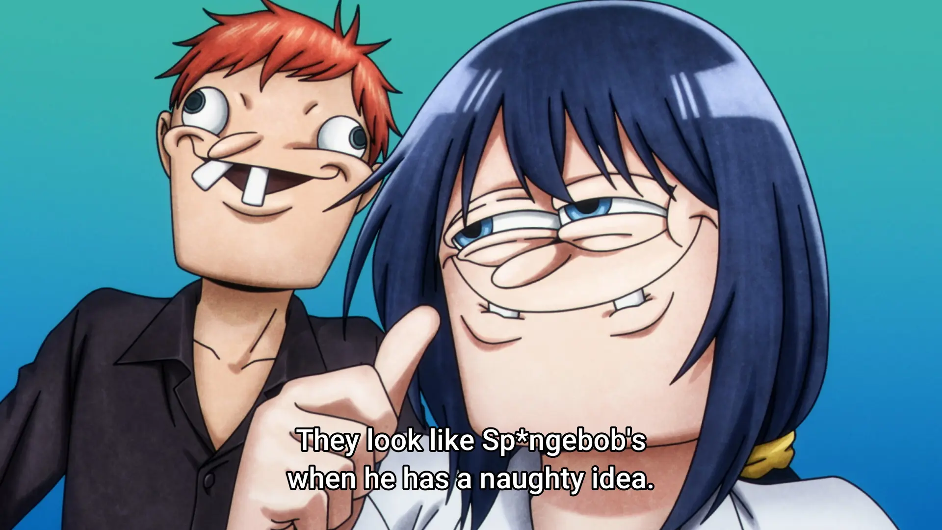Screenshot from the anime "Mattaku Saikin no Tantei to Kitara" featuring the female detective assistant Machiro and a guy with red hair. Both make very silly faces, with Machiro's looking a lot like Spongebob's. The subtitle says: "They look like Sp*ngebob's when he as a naughty idea."