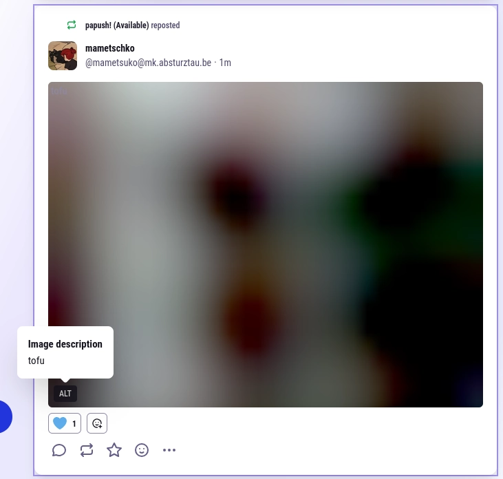 I hope this image shows a screenshot of a post by Mame with a blurry image. The alt text says "tofu", who is Mame's cat.