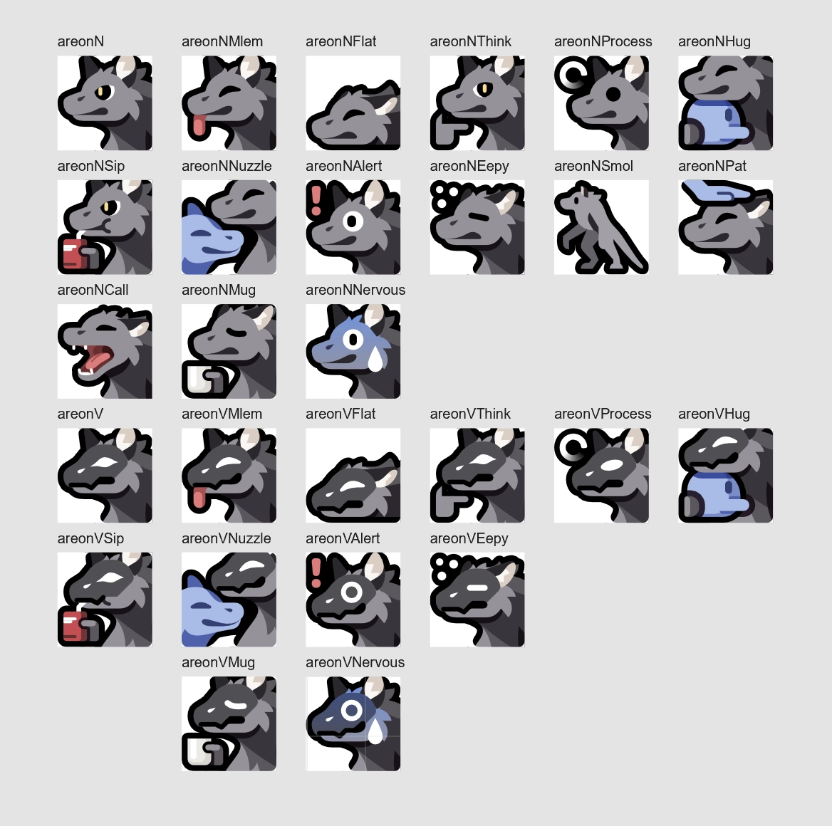 Emojis of my werewolf-like character laid out in a grid. the first half show him with various expressions. The second half are mostly the same expressions, but there he's wearing a visor.