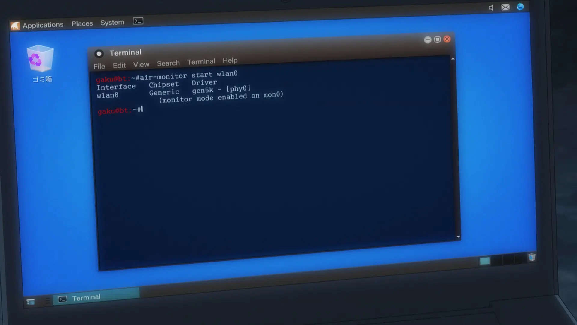 Screenshot from the anime "Trillion Game" showing a laptop display with a terminal. It shows:

```
gaku@bt:~#air-monitor start wlan0
Interface    Chipset    Driver
wlan0        Generic    gen5k - [phy0]
                 (monitor mode enabled on mon0)
gaku@bt:~#█
```