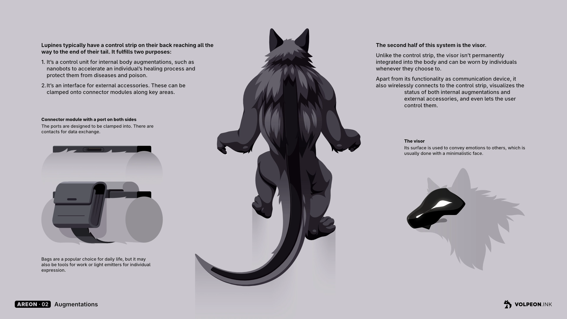 Vector art of Areon, my werewolf-like alien character. It's one page of his character sheet about the control strip, a black strip on his back going all the way down to the tip of his kangaroo-like tail.

"Lupine typically have a control strip on their back reaching all the way to the end of their tail. It fulfills two purposes:
1.	It’s a control unit for internal body augmentations, such as nanobots to accelerate an individual’s healing process and protect them from diseases and poison.
2.	It’s an interface for external accessories. These can be clamped onto connector modules along key areas."

There's a small drawing of the strip showing the connector, and one more with a bag attached.

"The second half of this system is the visor. 
Unlike the control strip, the visor isn’t permanently integrated into the body and can be worn by individuals whenever they choose to.
Apart from its functionality as communication device, it also wirelessly connects to the control strip, visualizes the status of both internal augmentations and  external accessories, and even lets the user control them."

There's a small drawing afterwards of Areon wearing a black visor with white shapes rendered on its surface resembling eyes and nostrils.