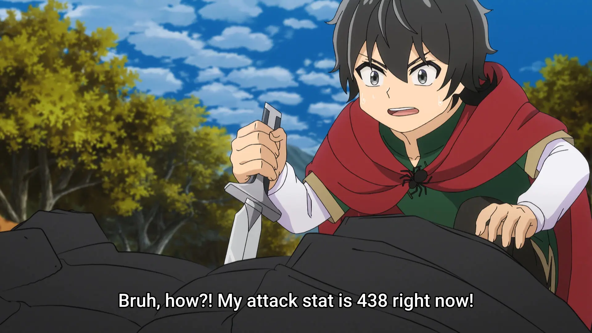 Screenshot from the anime "Hell Mode" featuring a child holding a dagger. Subtitle: "Bruh, how?! My attack stat is 438 right now!"