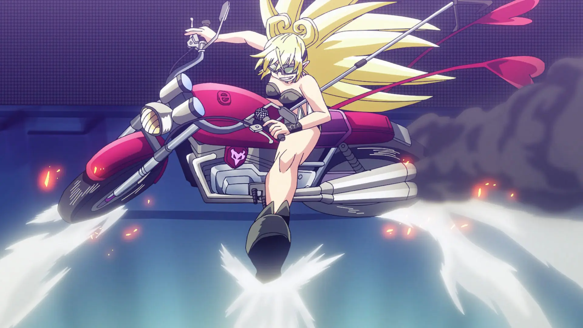 Screenshot from the anime "Mairimashita! Iruma-kun 4th Season" featuring a demon rock idol sliding on a bike.