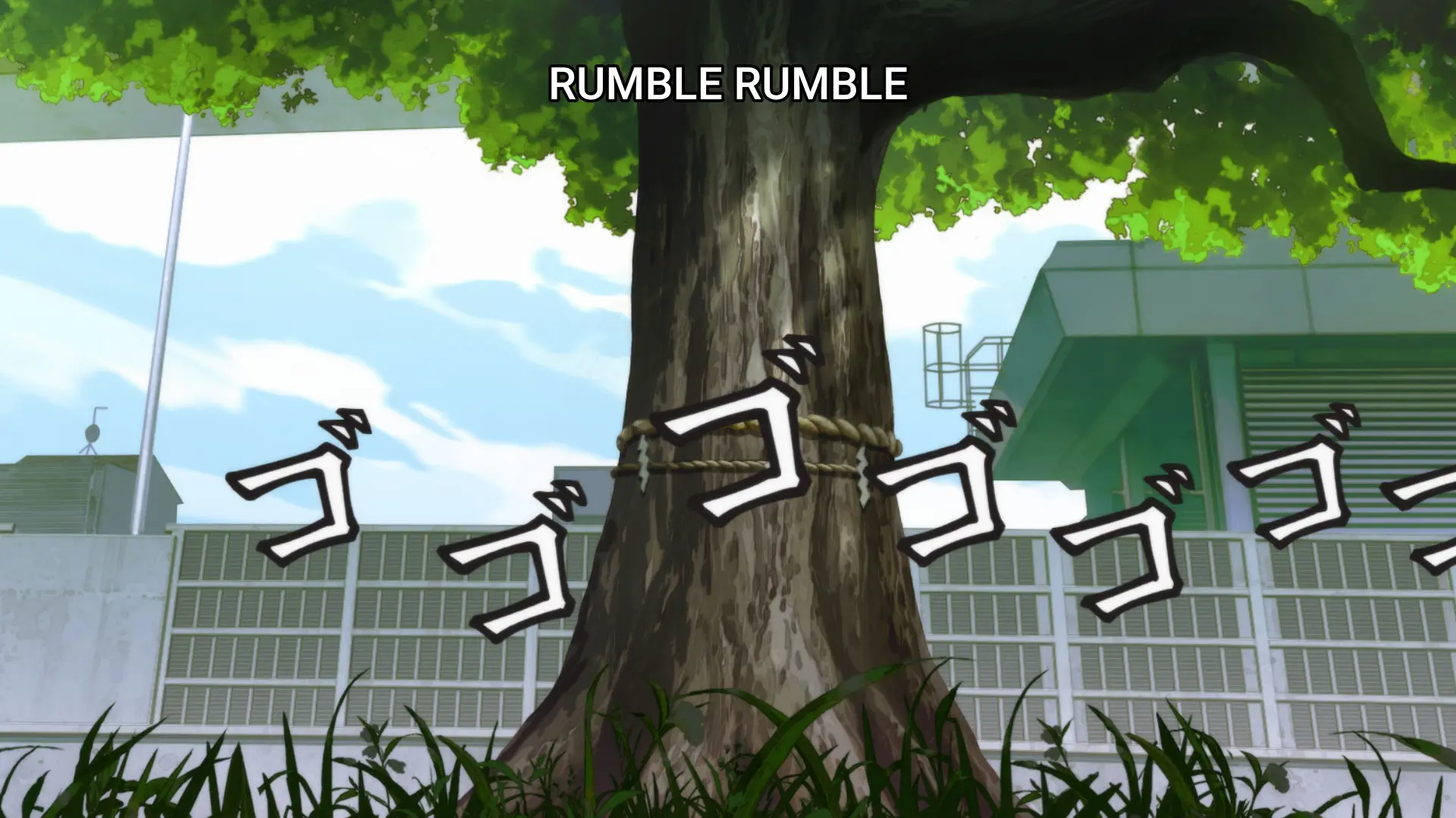 Screenshot from the anime "Mono" showing a tree. There are characters superimposed indicating a threatening aura, a reference to Jojo's Bizarre Adventures.