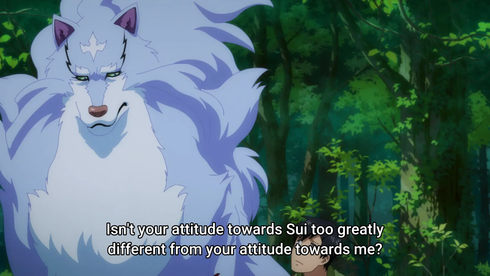 Screenshot from the anime "Tondemo Skill de Isekai Hourou Meshi (Season 2)" showing Fel, a large wolf creature with extremely fluffy fur.