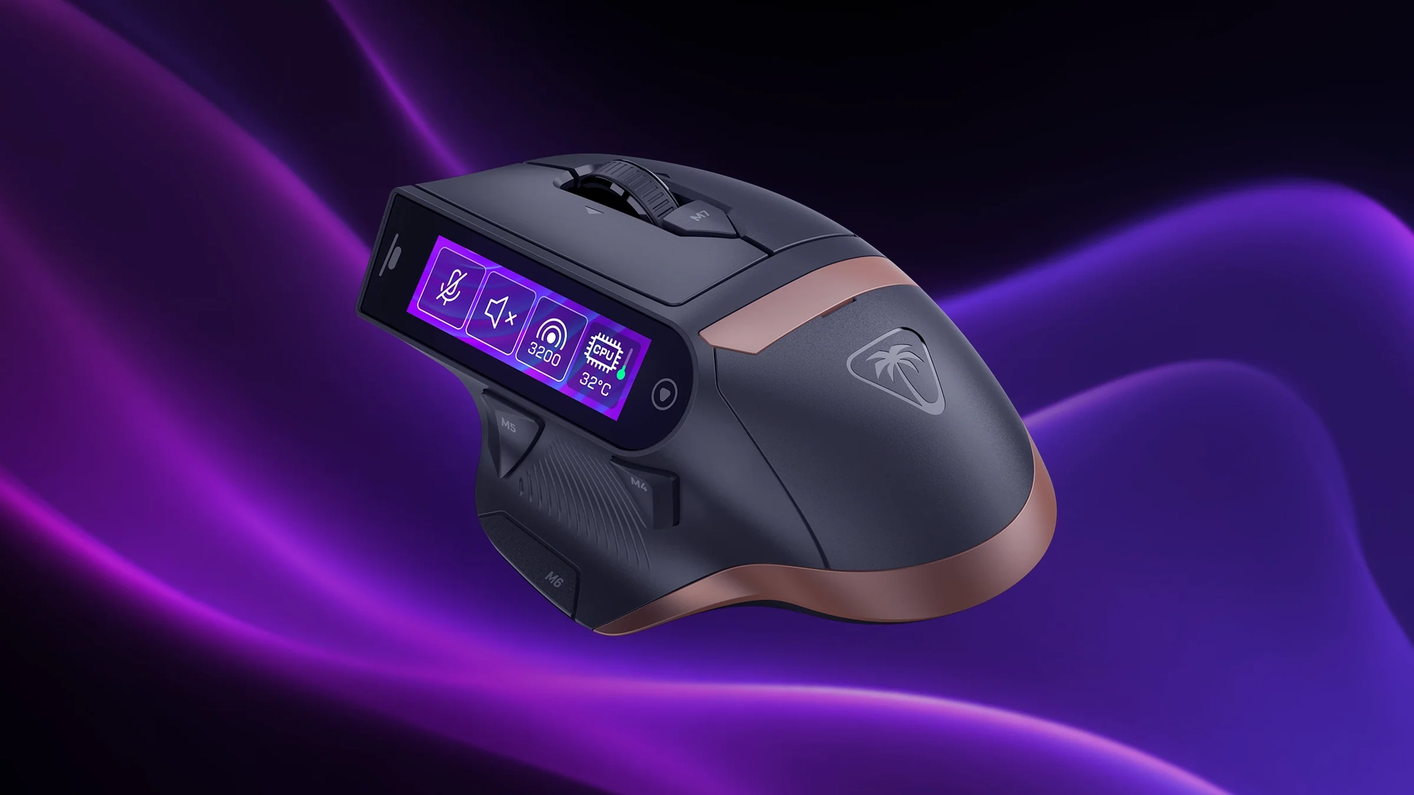 A mouse with a little touch screen embedded on the side showing DPI, CPU temperature, microphone and volume toggles.