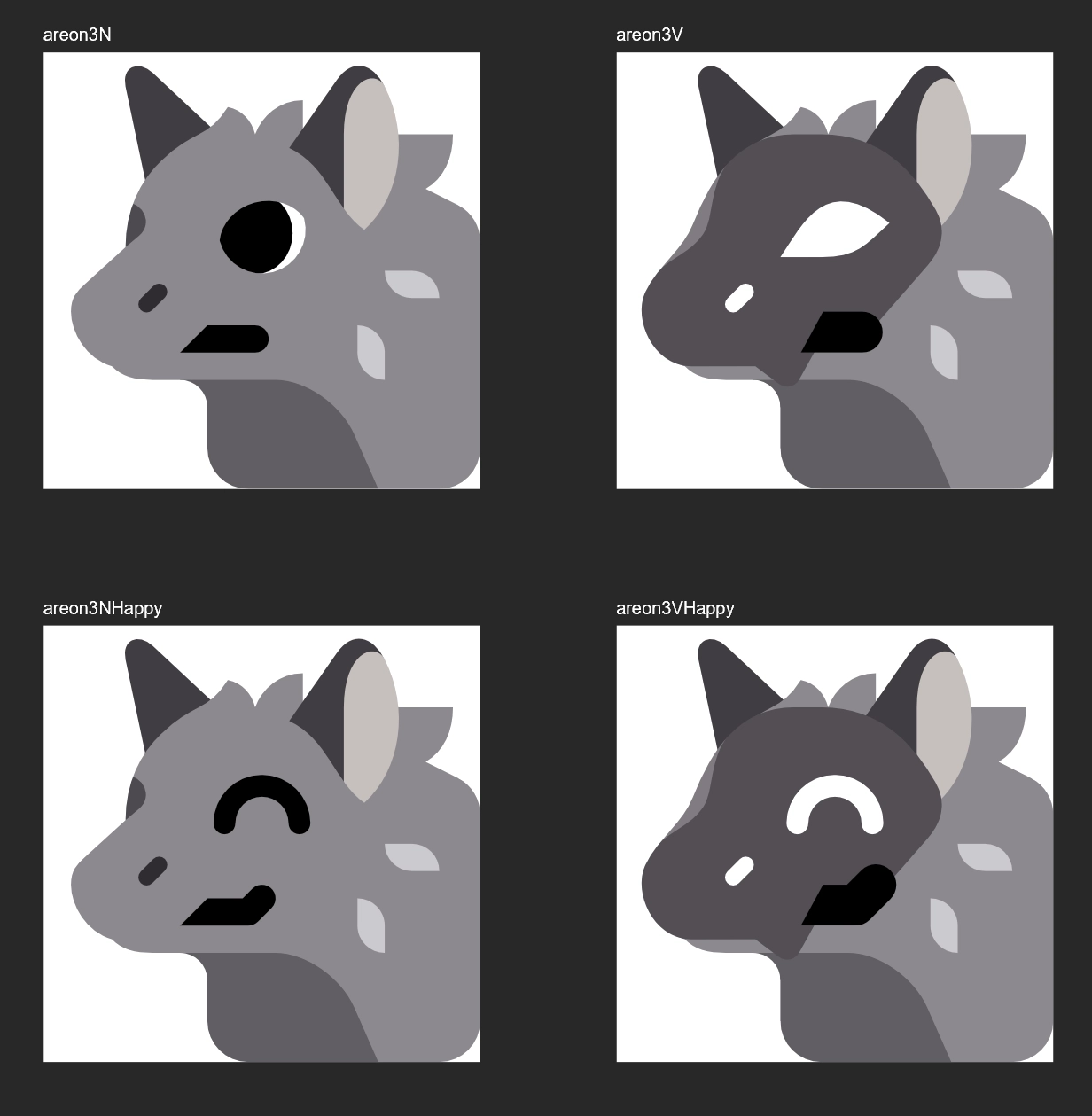 Screenshot of my work-in-progress Areon emojis, a gray werewolf-like creature. All emojis come as normal version, and a version where he wear a high-tech visor. The first row is neutral, the second one happy.