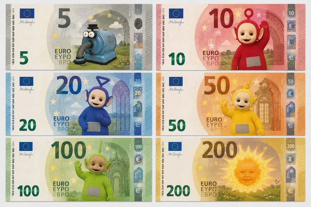 Euro banknotes with a design incorporating the Teletubbies.