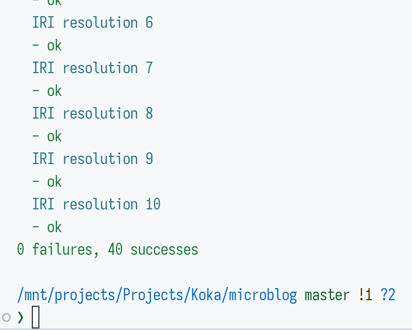 Excerpt of a console output:

  IRI resolution 6
  - ok
  IRI resolution 7
  - ok
  IRI resolution 8
  - ok
  IRI resolution 9
  - ok
  IRI resolution 10
  - ok
0 failures, 40 successes

/mnt/projects/Projects/Koka/microblog master !1 ?2                                                                                            4s 08:11:10
❯ 