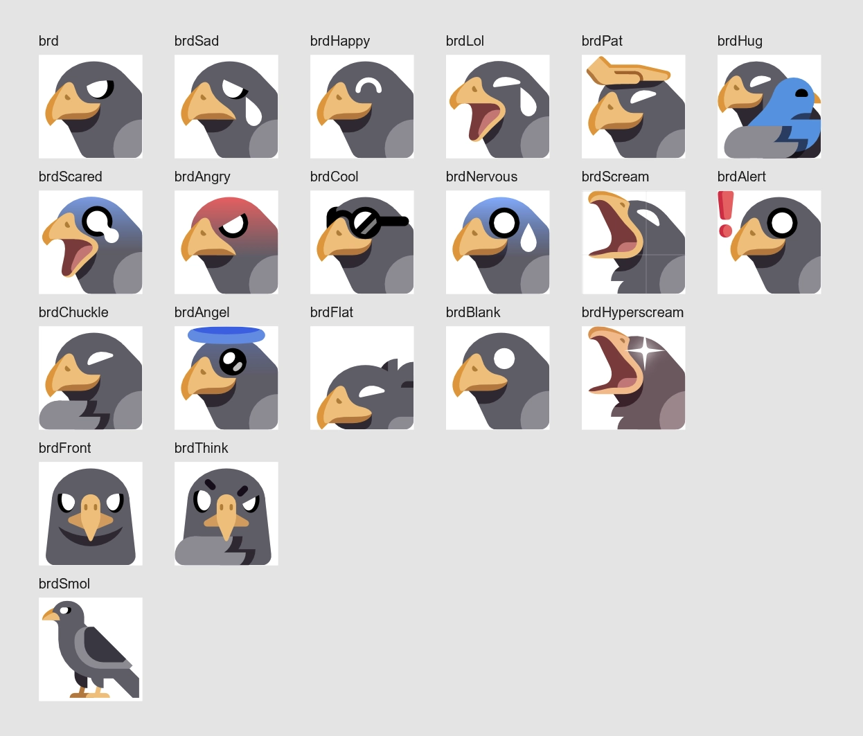 Emojis of a gray bird with a yellow beak arranged in a grid.