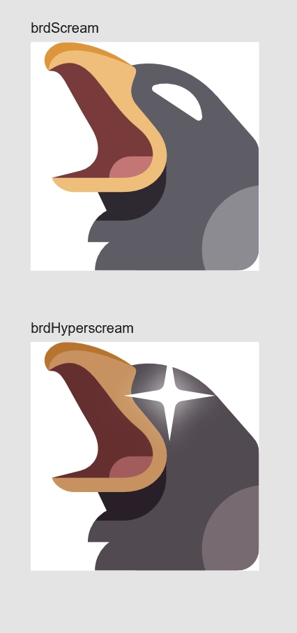 Two emojis showing a gray bird with a yellow beak screaming. In the second one, the bird's eye is glowing.
