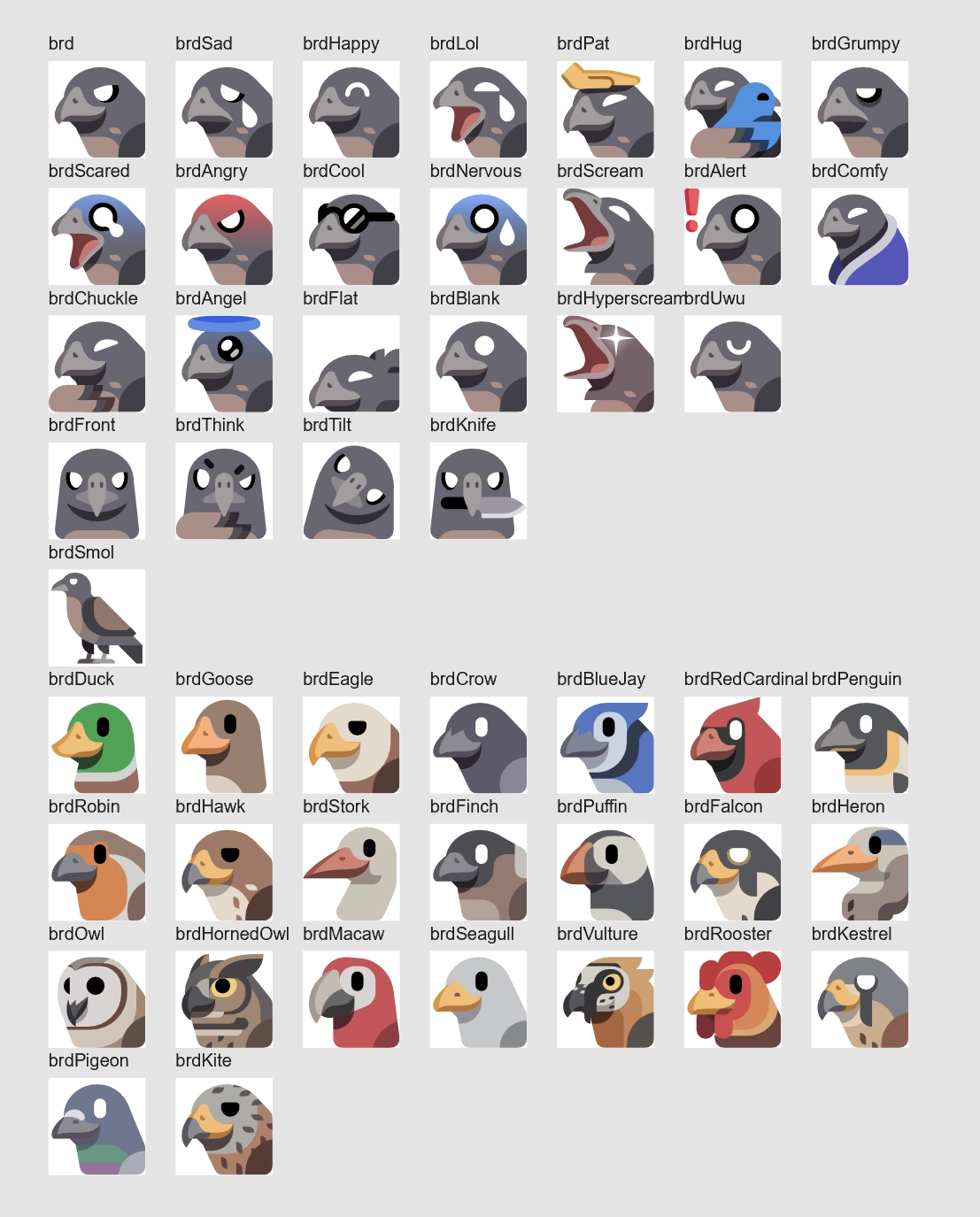 58 emojis, half of which are of a gray-brown bird with various expressions, while the other half are neutral versions of various bird species.