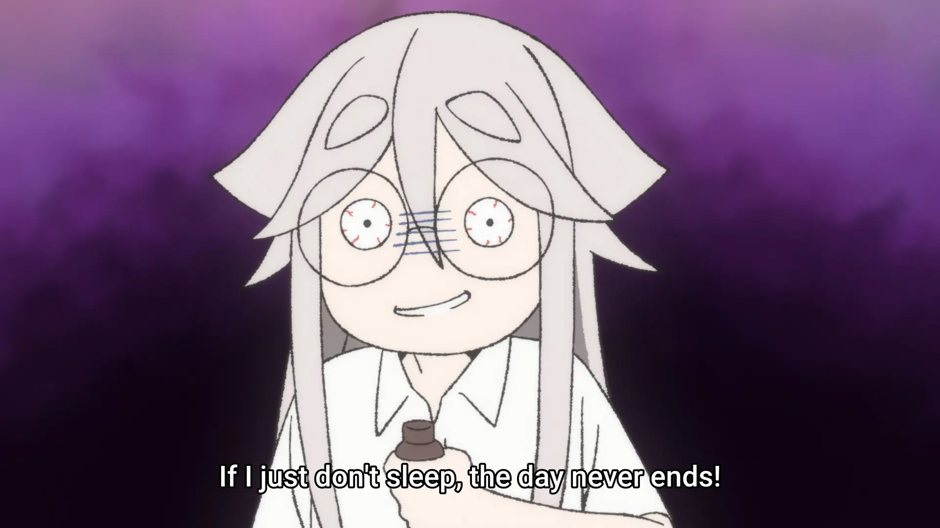 Screenshot from the anime "Mono" showing a female manga artist holding a can of coffee. Her eyes are wide open, with visible veins. The subtitle says "If I don't sleep, the day never ends!"