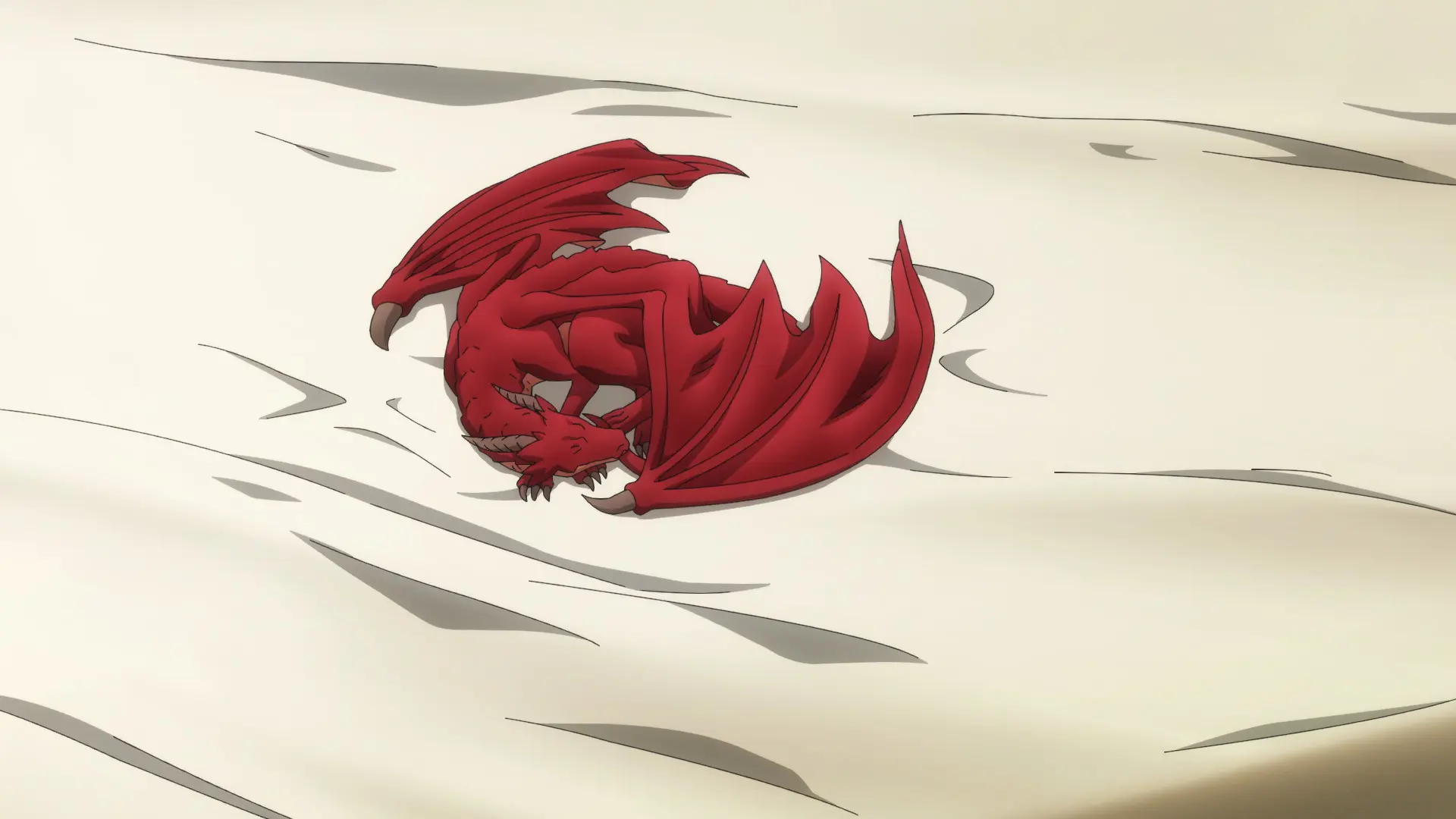 Screenshot from the anime "Unnamed Memory" showing a small red dragon sleeping on a bed.