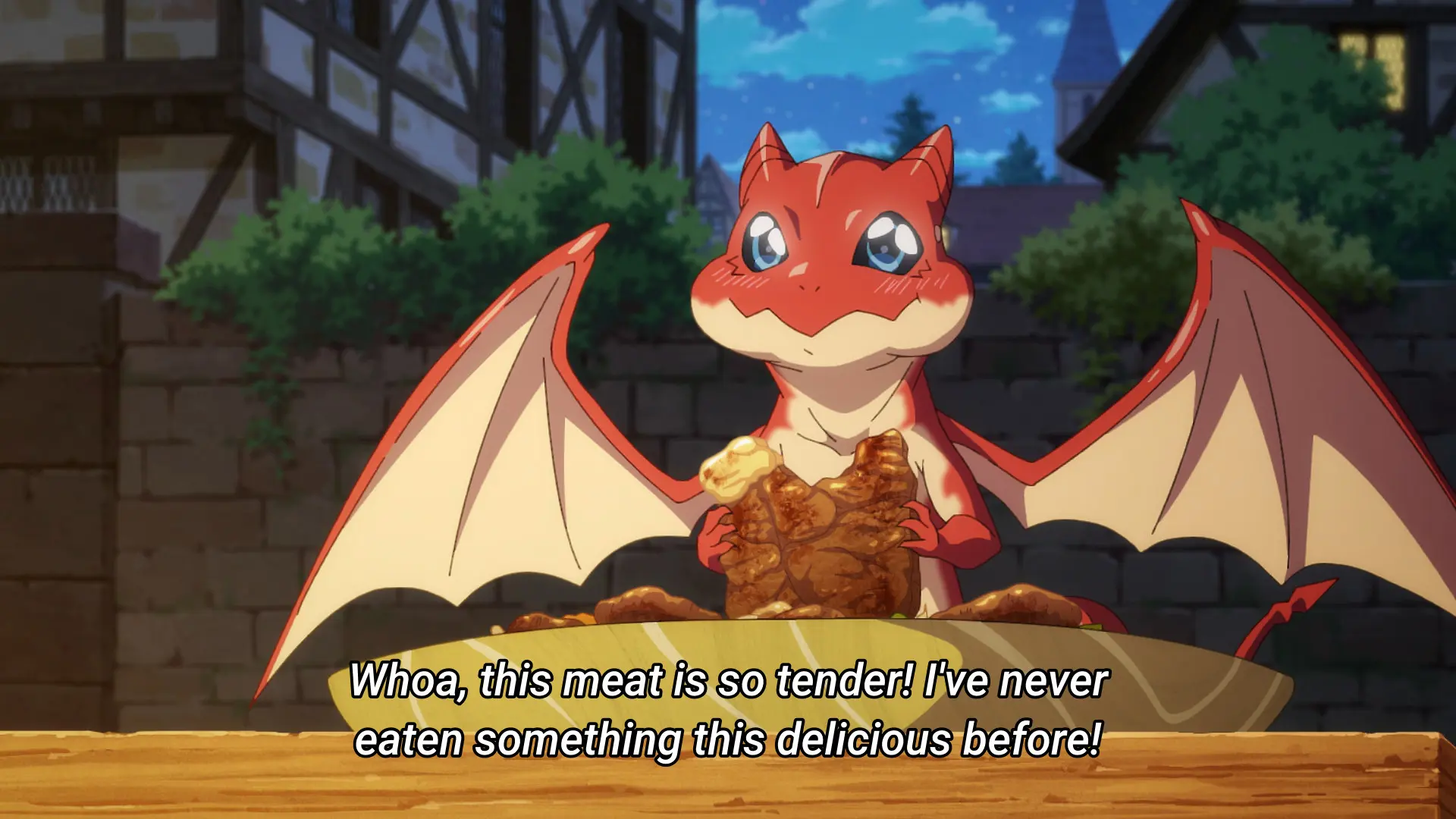 Screenshot from the sane anime, this time showing a small red dragon eating the meal. His mouth is stuffed and his eyes are sparkling. He says "Whoa, this meat is so tender! I've never eaten something this delicious before!"