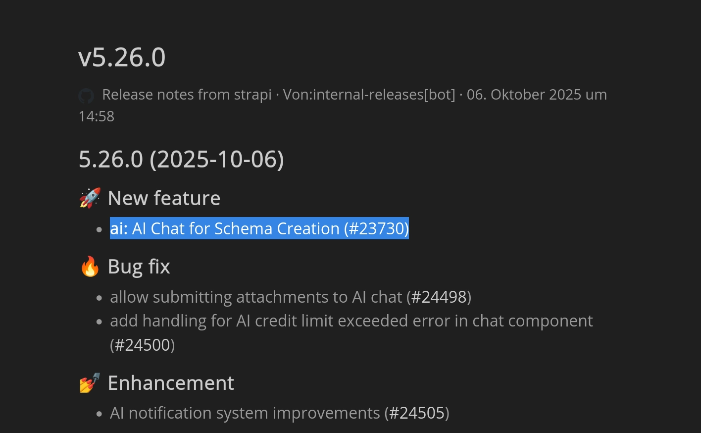 Strapi release page listing an AI Chat for Schema Creation as a new feature.