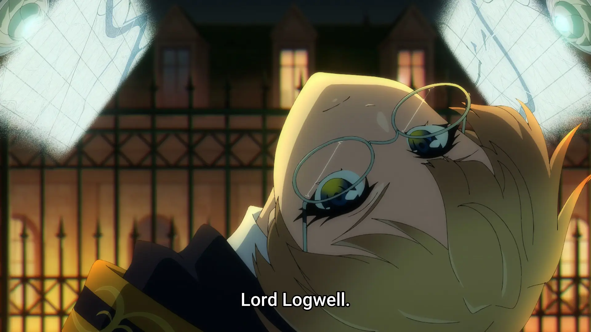 Screenshot from the anime "Tsue to Tsurugi no Wistoria" featuring a girl with glasses looking back towards the viewer while otherwise facing forward.