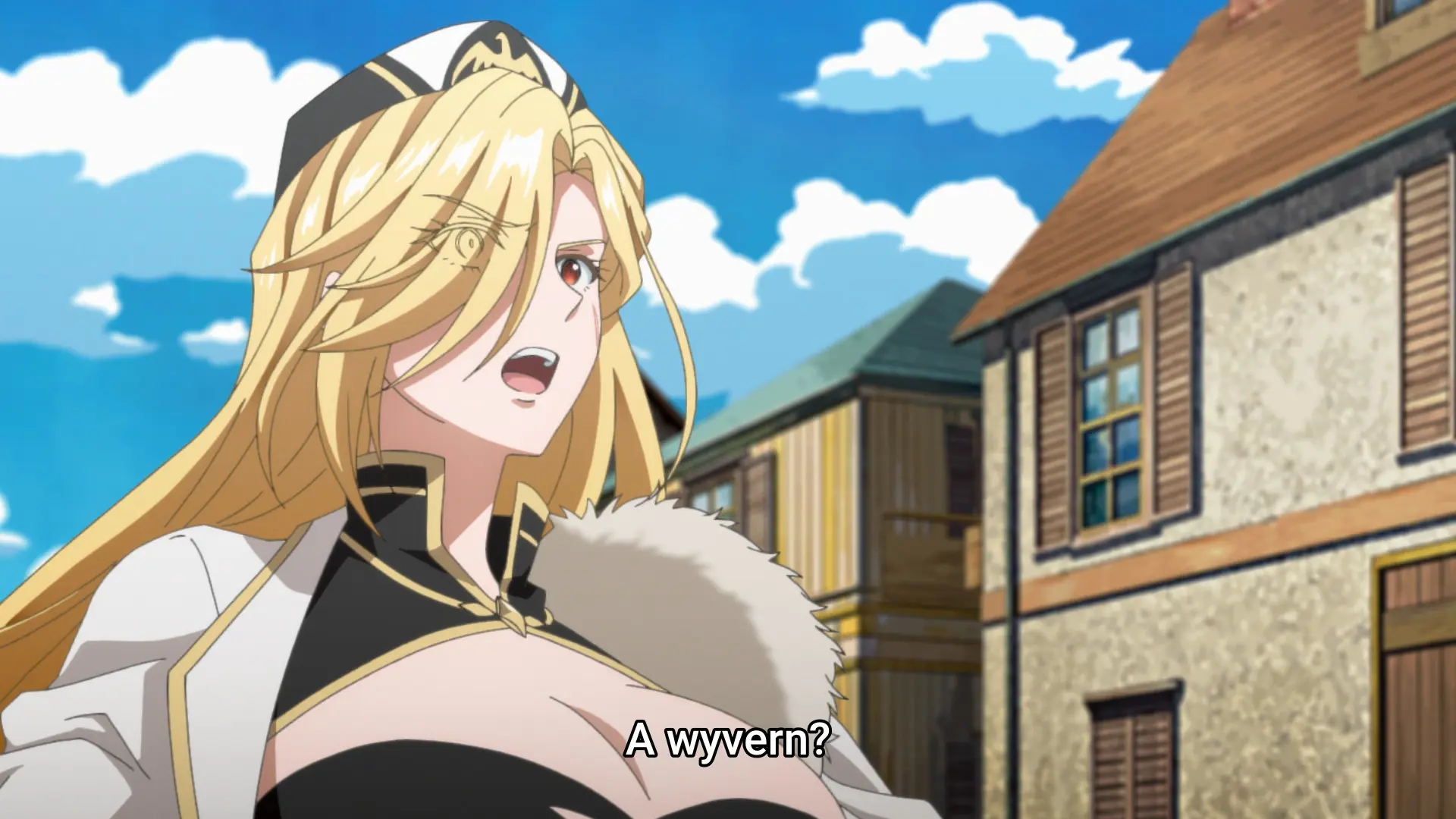Screenshot from the anime "Okiraku Ryoushu no Tanoshii Ryouchi Bouei" featuring a woman shouting "A wyvern?"